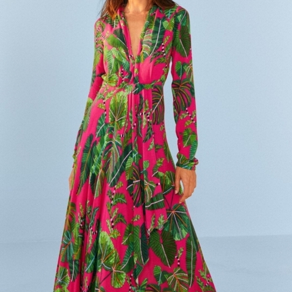 FARM Rio Hot Pink Tropical Leaf Maxi Dress